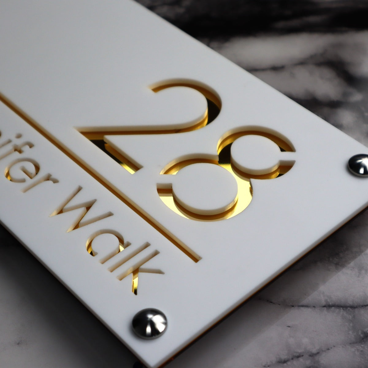 Knightsbridge Luxe House Sign, White plaque, Gold Mirror