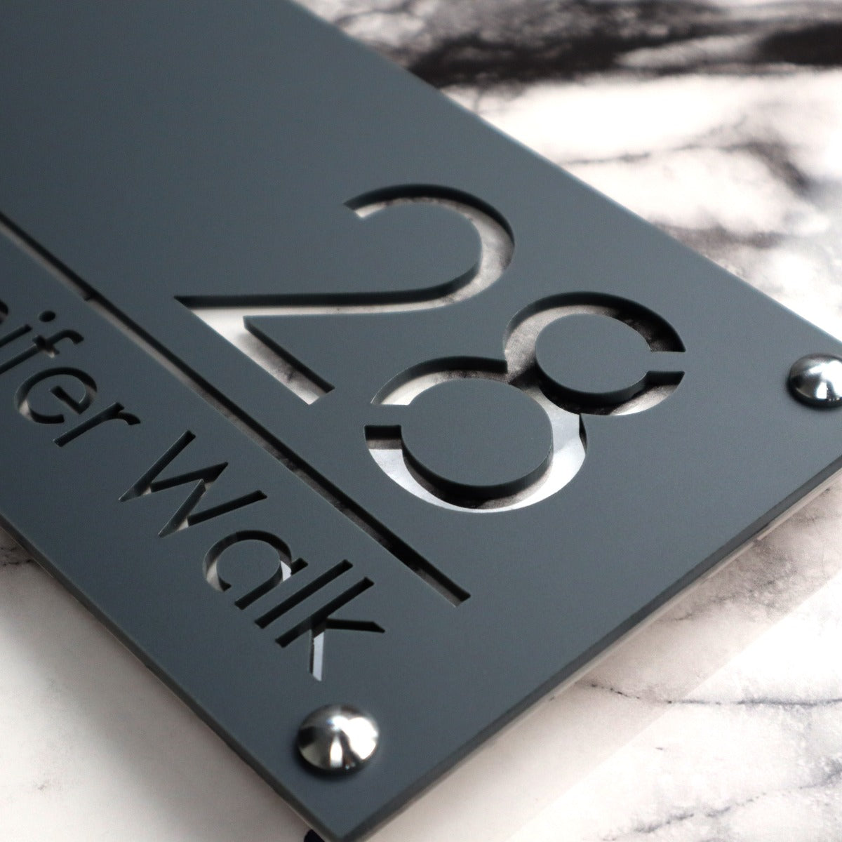 Knightsbridge Luxe House Sign, Grey plaque, White Marble