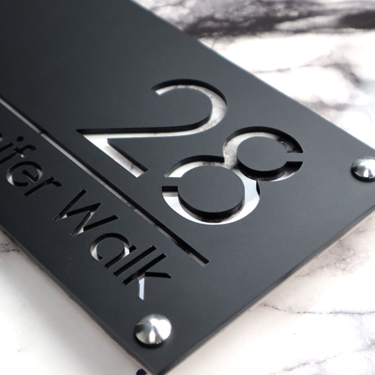 Knightsbridge Luxe House Sign, Black plaque, White Marble