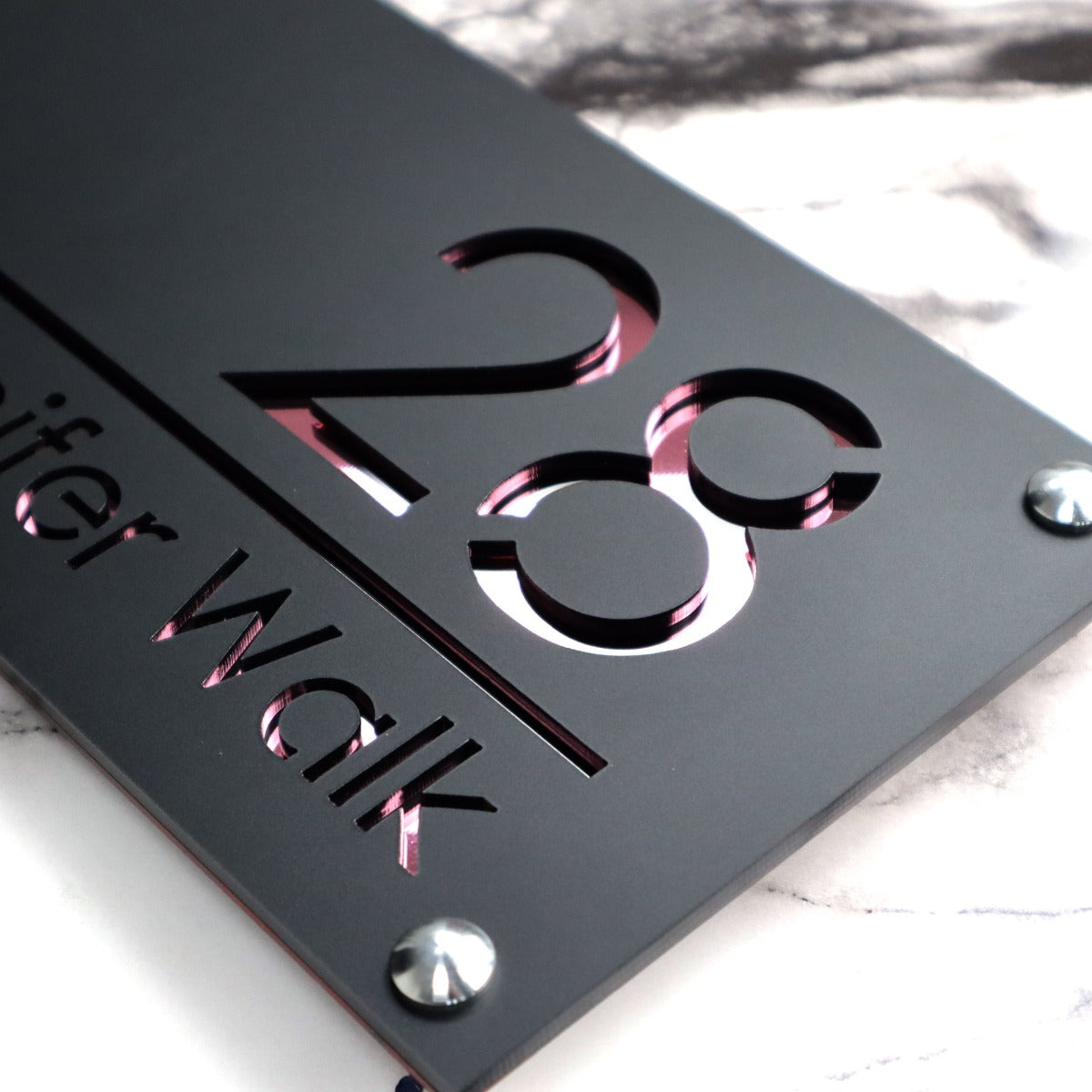 Knightsbridge Luxe House Sign, Black plaque, Rose Gold Mirror