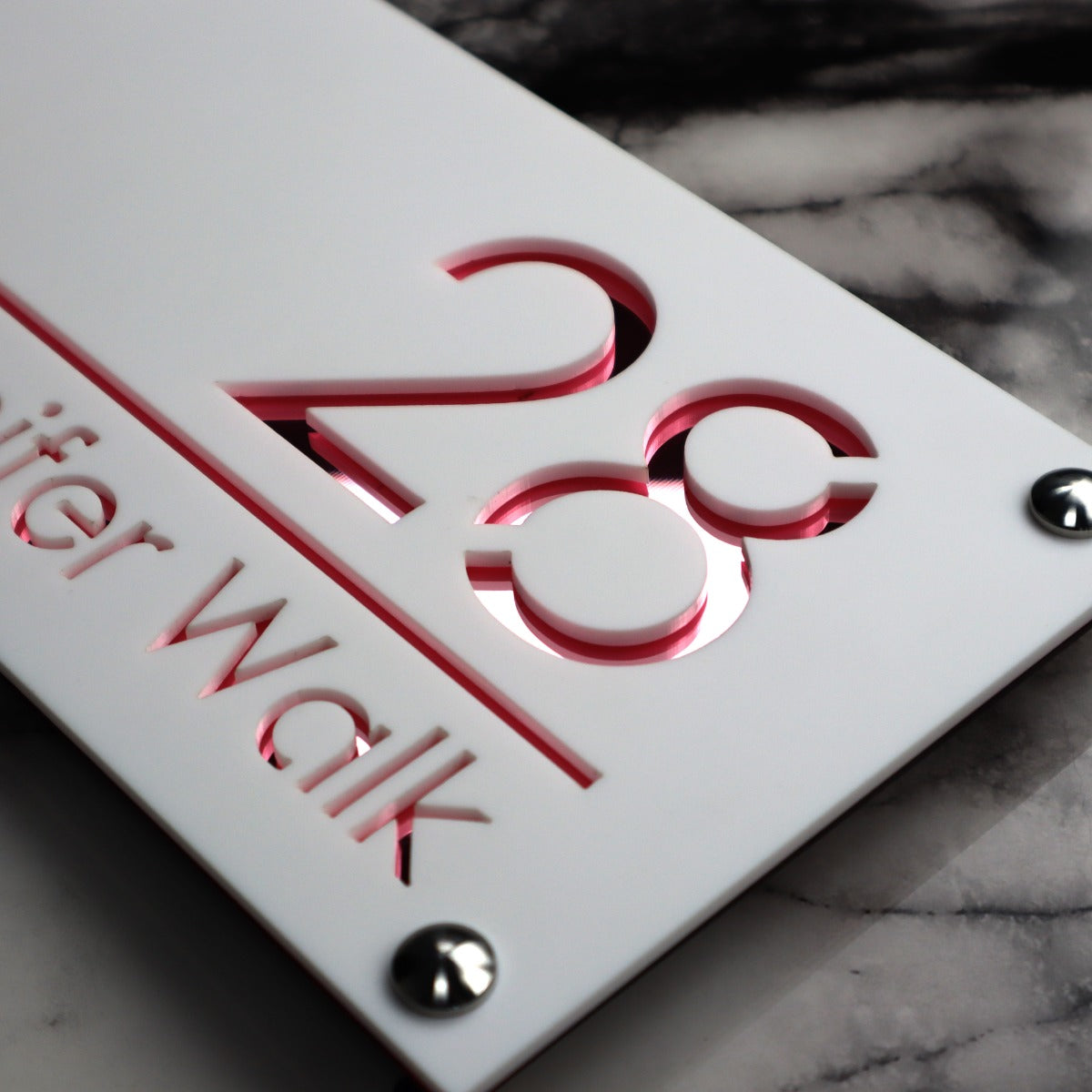 Knightsbridge Luxe House Sign, White plaque, Rose Gold Mirror