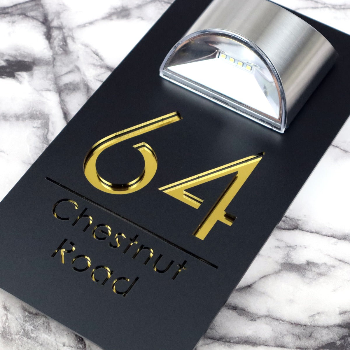 Belgravia Solar House Sign, Black plaque, Gold Mirror