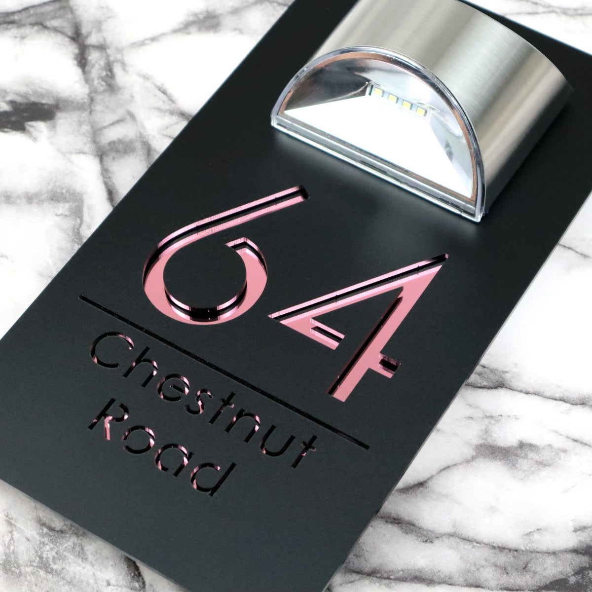 Belgravia Solar House Sign, Black plaque, Rose Gold Mirror