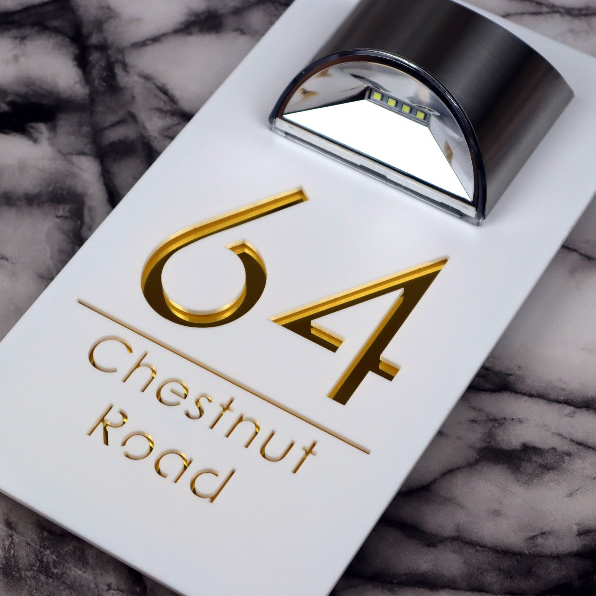 Belgravia Solar House Sign, White plaque, Gold Mirror