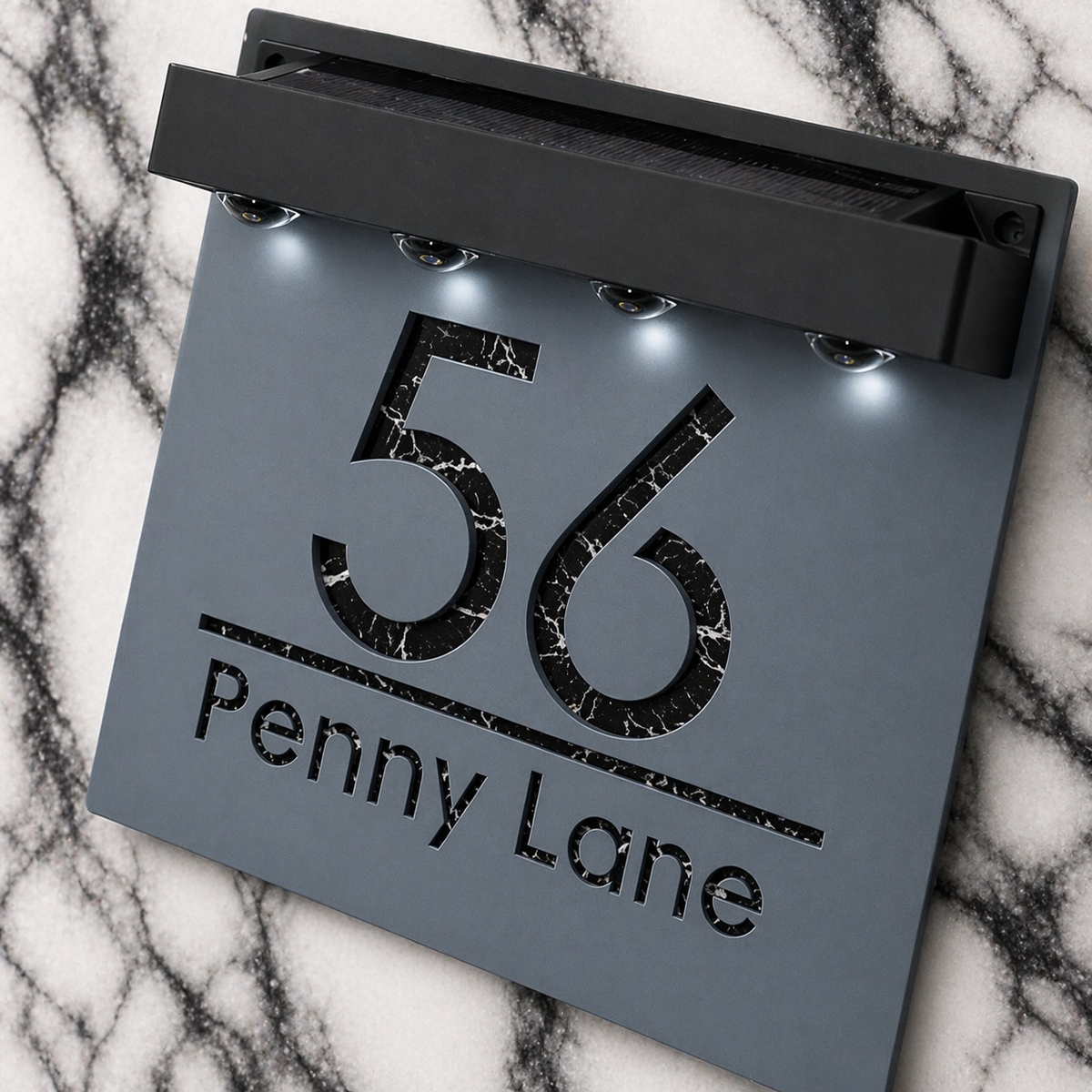 Marylebone Square Solar House Sign, Grey plaque, Black Marble
