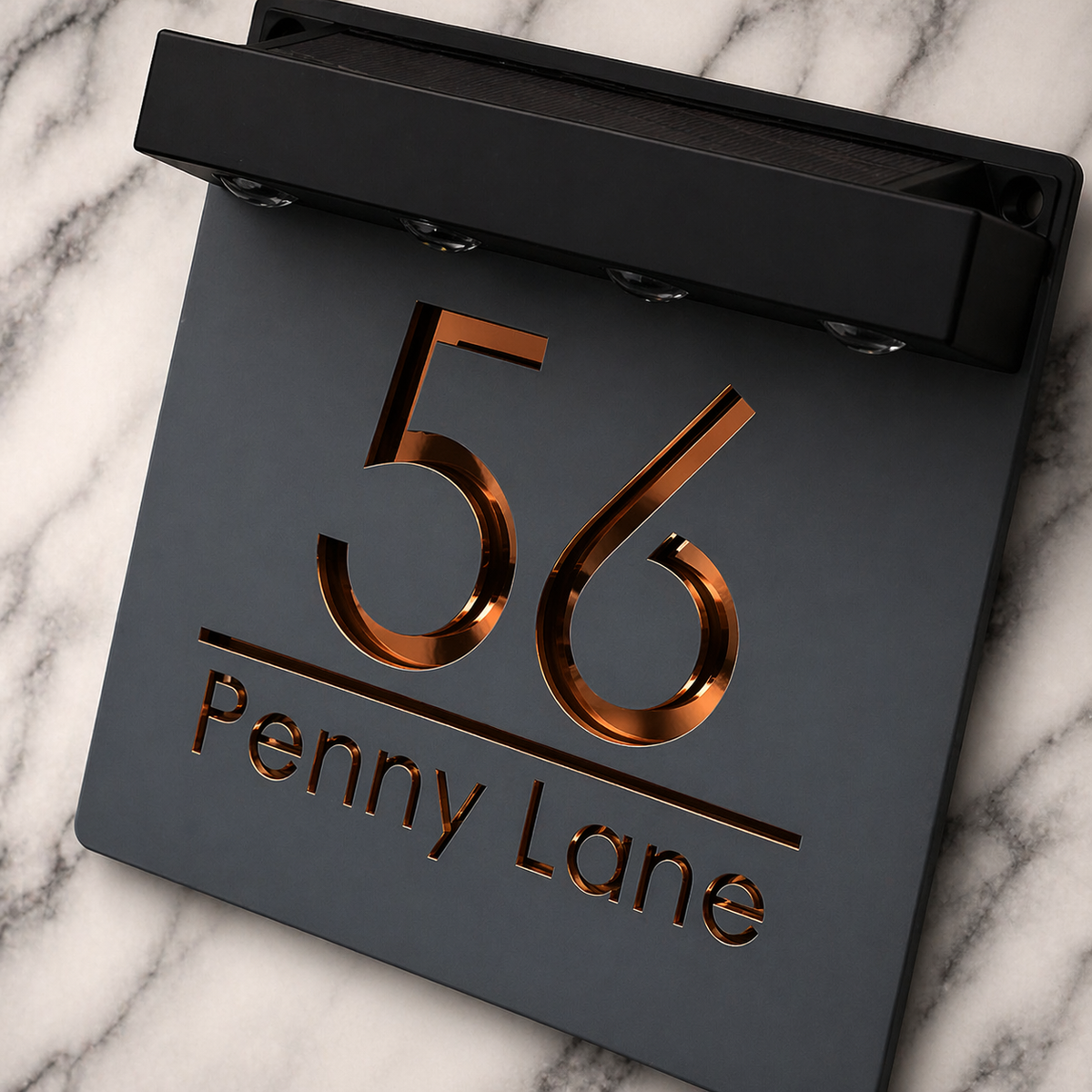 Marylebone Square Solar House Sign, Grey plaque, Copper Mirror