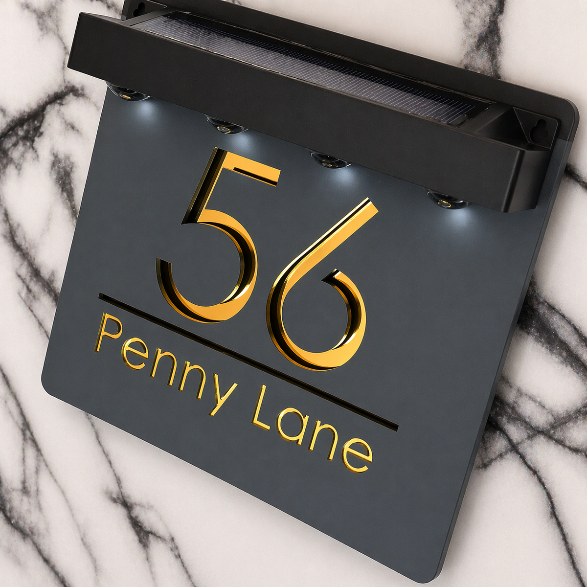 Marylebone Square Solar House Sign, Grey plaque, Gold Mirror