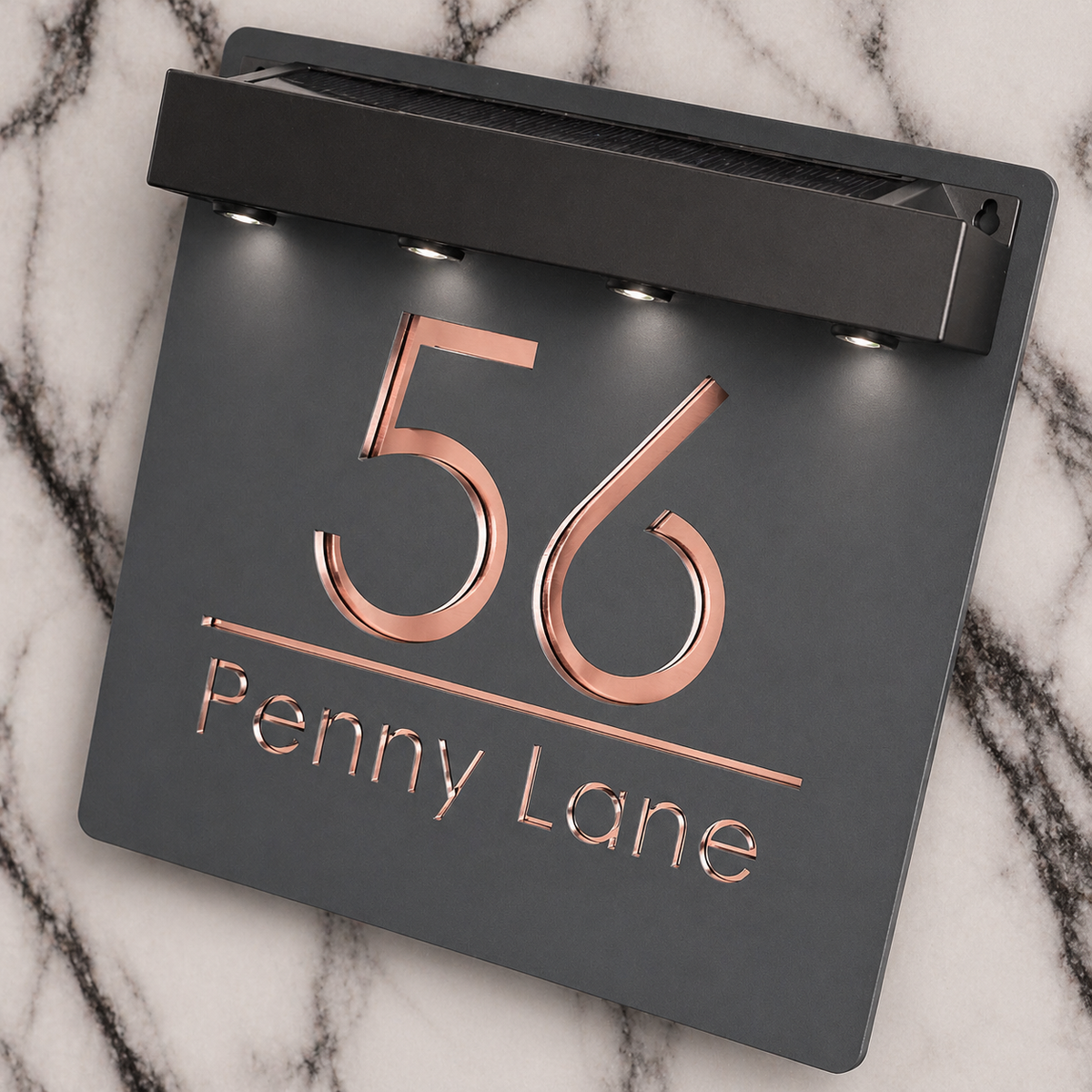 Marylebone Square Solar House Sign, Grey plaque, Rose Gold Mirror