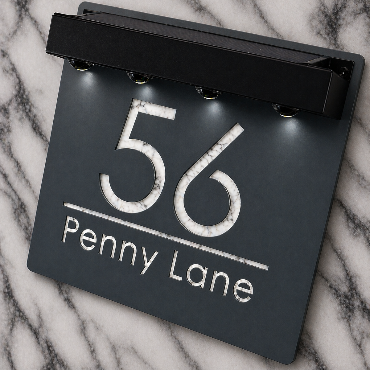 Marylebone Square Solar House Sign, Grey plaque, White Marble