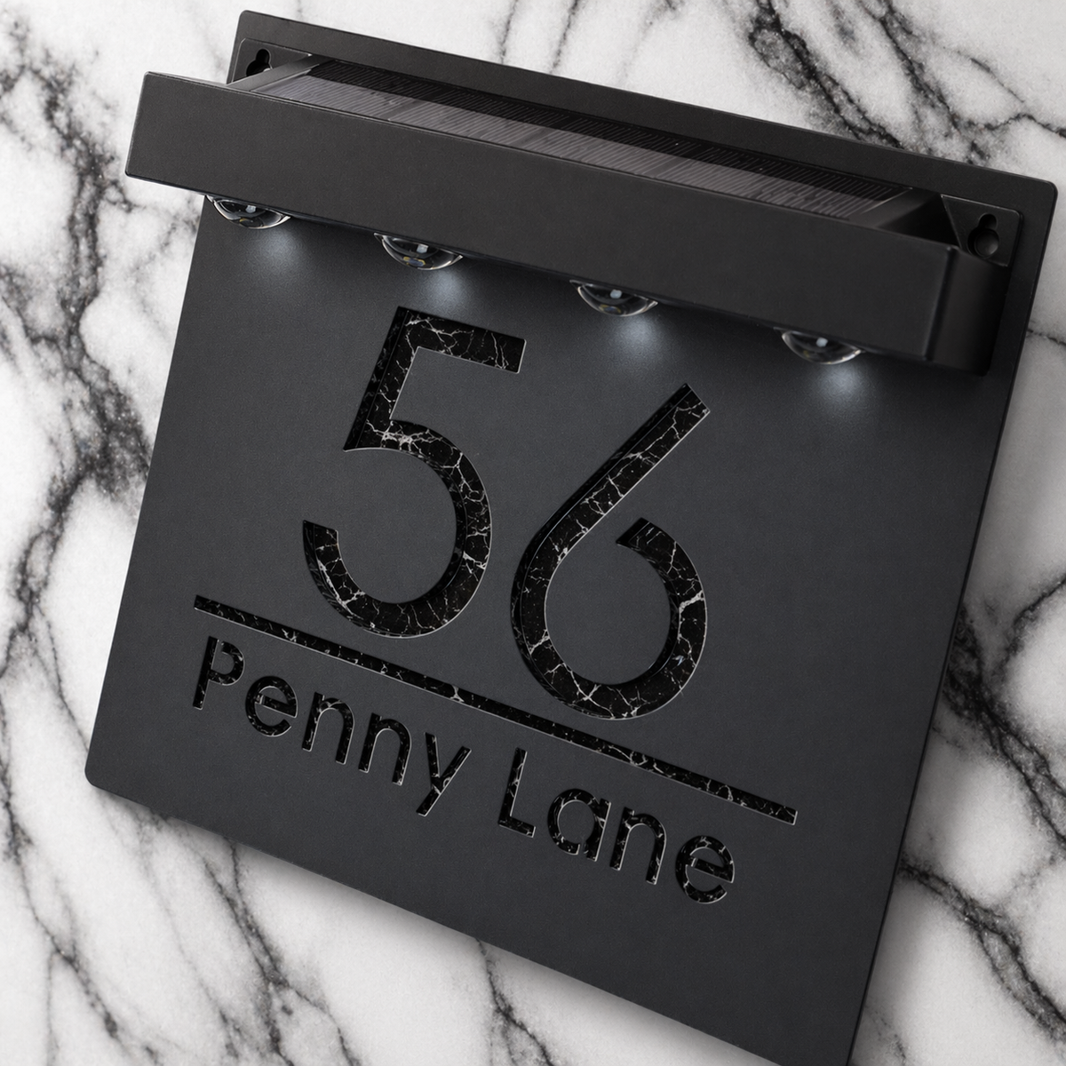 Marylebone Square Solar House Sign, Black plaque, Black Marble