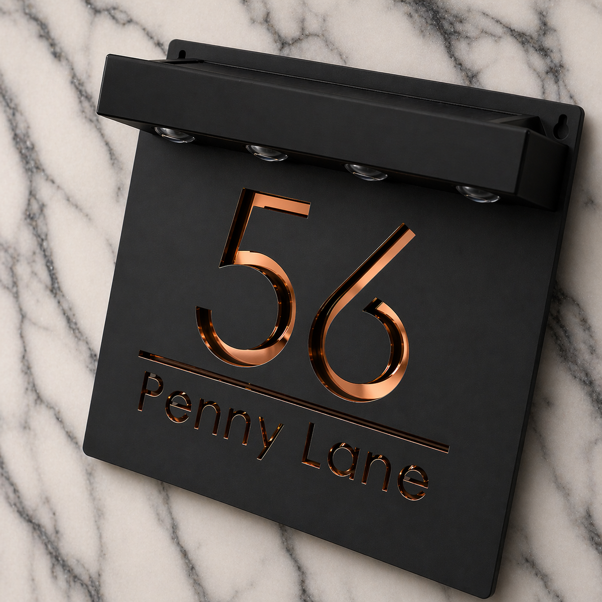 Marylebone Square Solar House Sign, Black plaque, Copper Mirror