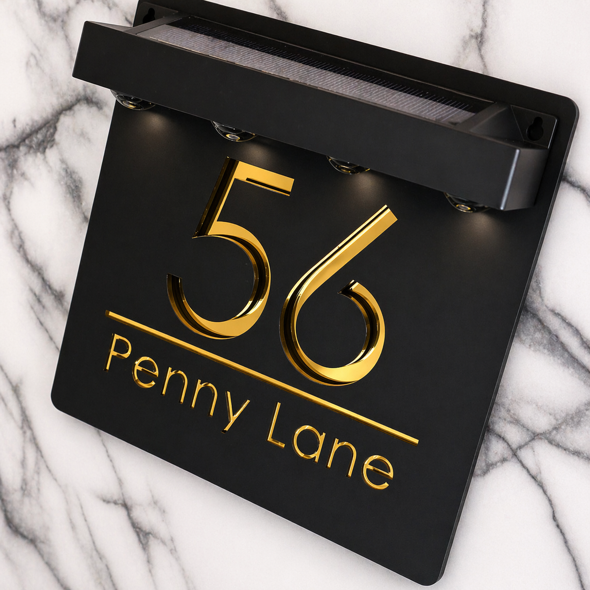Marylebone Square Solar House Sign, Black plaque, Gold Mirror