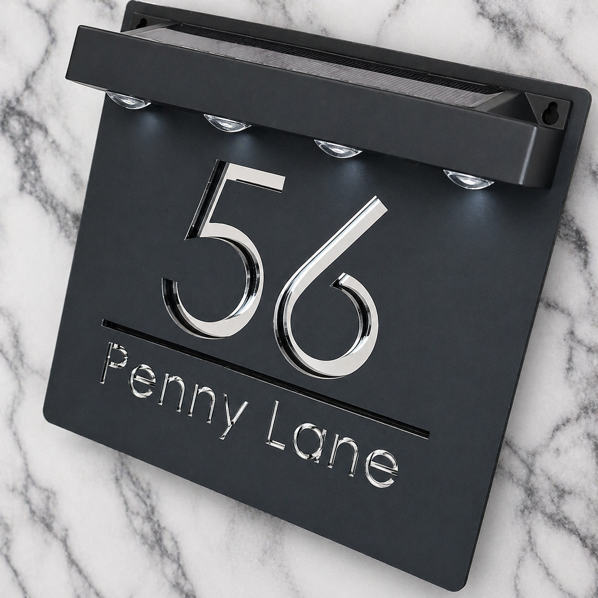 Marylebone Square Solar House Sign, Black plaque, Silver Mirror