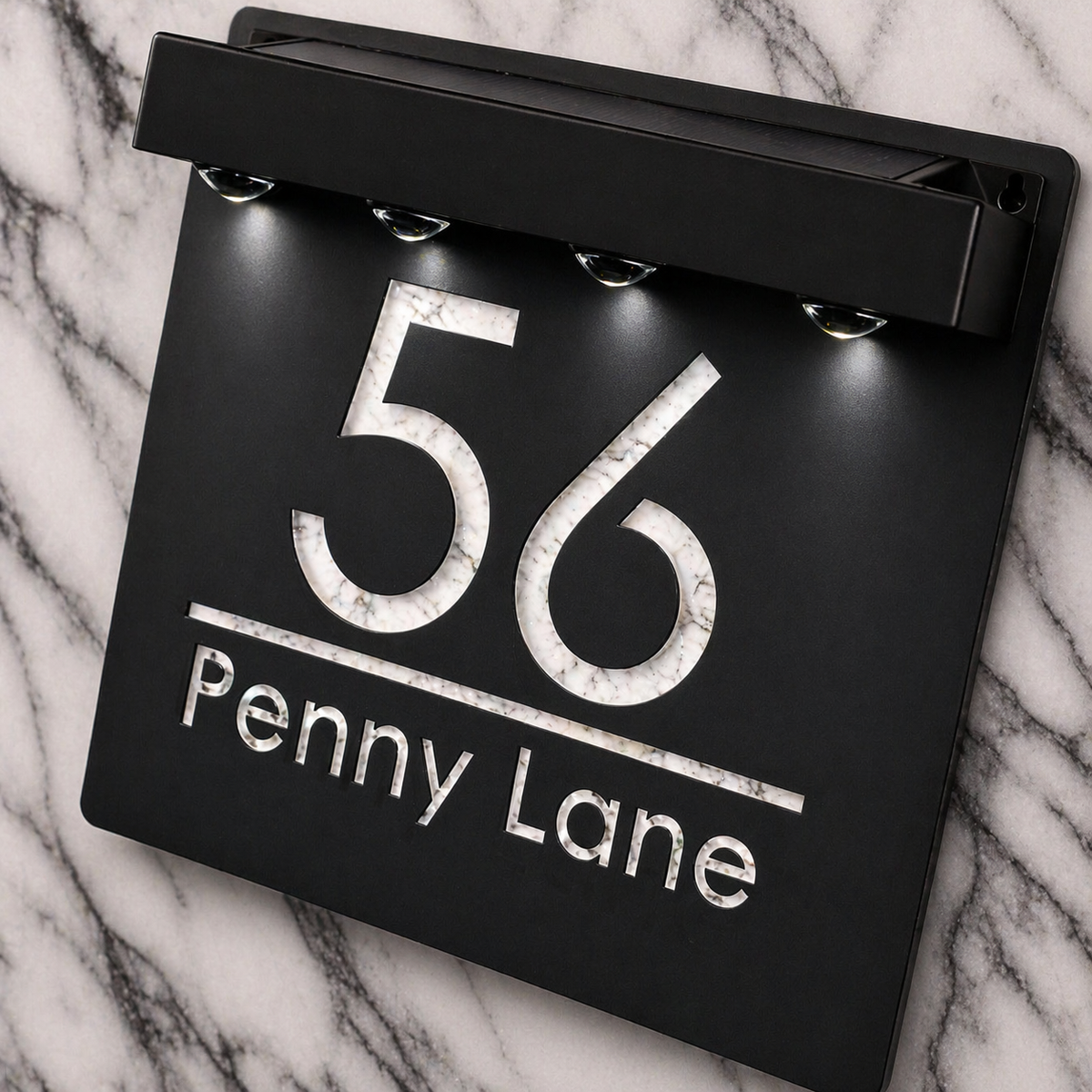 Marylebone Square Solar House Sign, Black plaque, White Marble