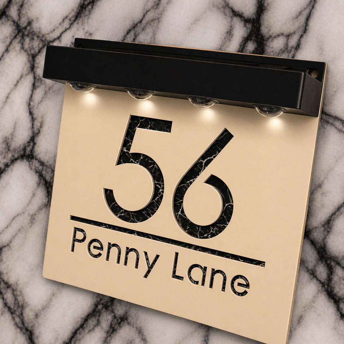 Marylebone Square Solar House Sign, Cream plaque, Black Marble
