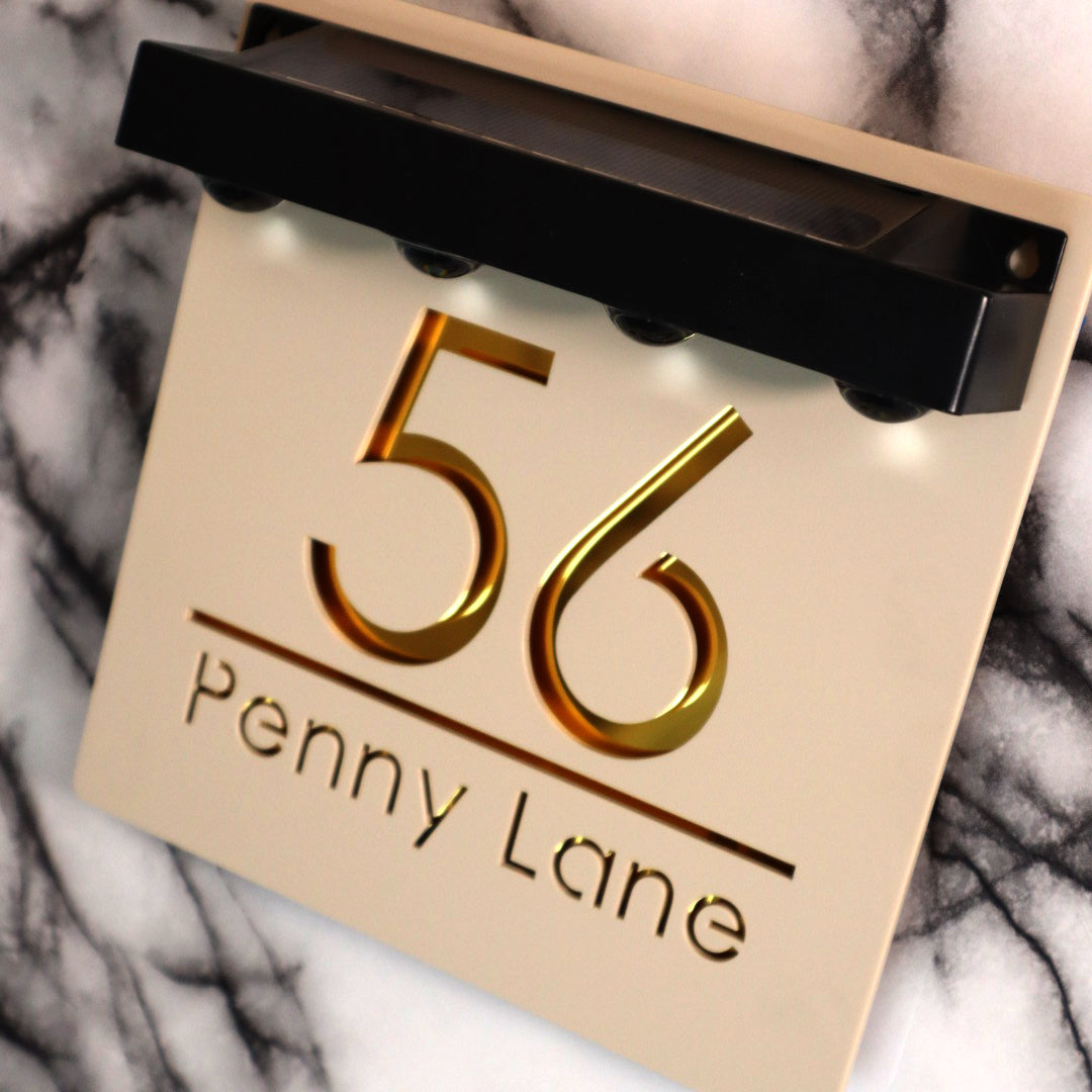 Marylebone Square Solar House Sign, Cream plaque, Gold Mirror