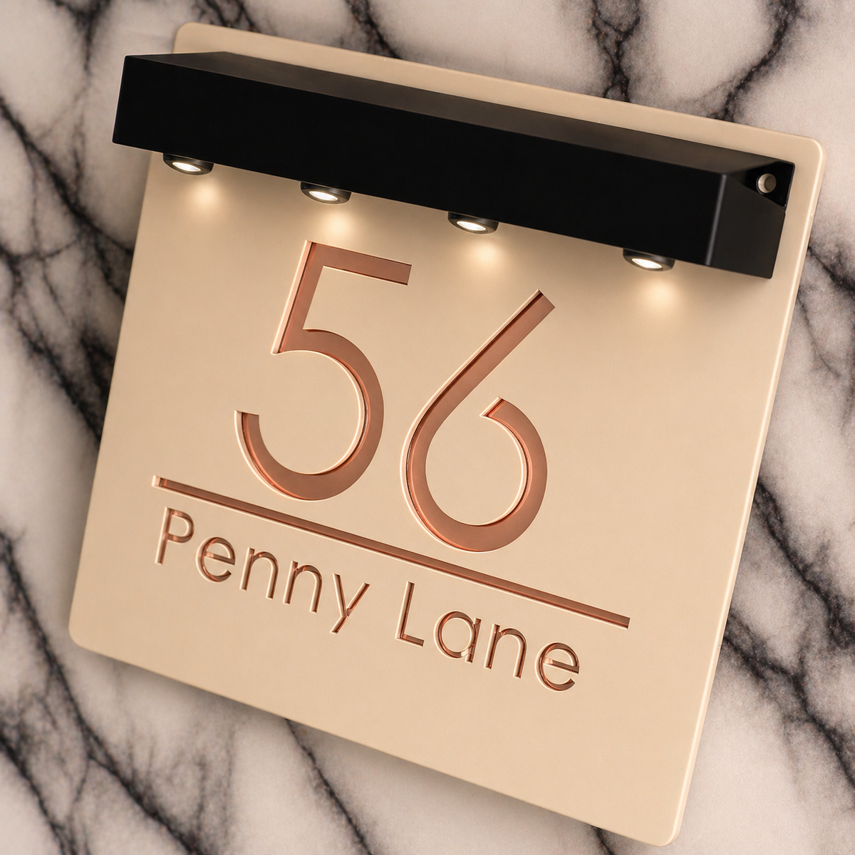 Marylebone Square Solar House Sign, Cream plaque, Rose Gold Mirror