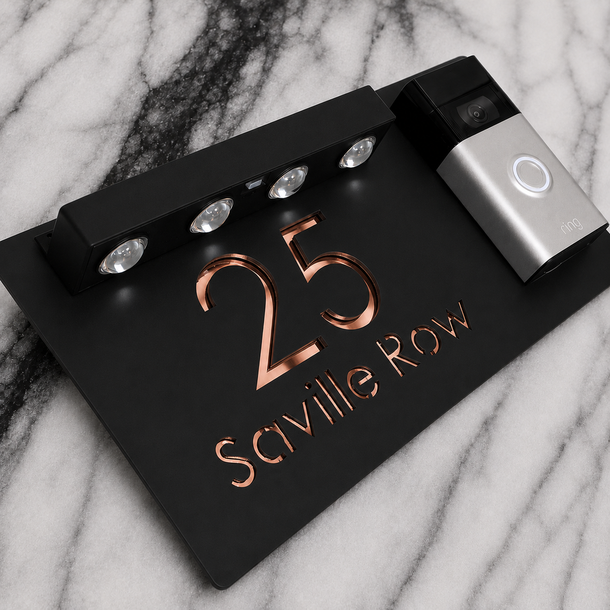Westminster Video Doorbell House Sign, Black plaque, Rose Gold Mirror, doorbell right