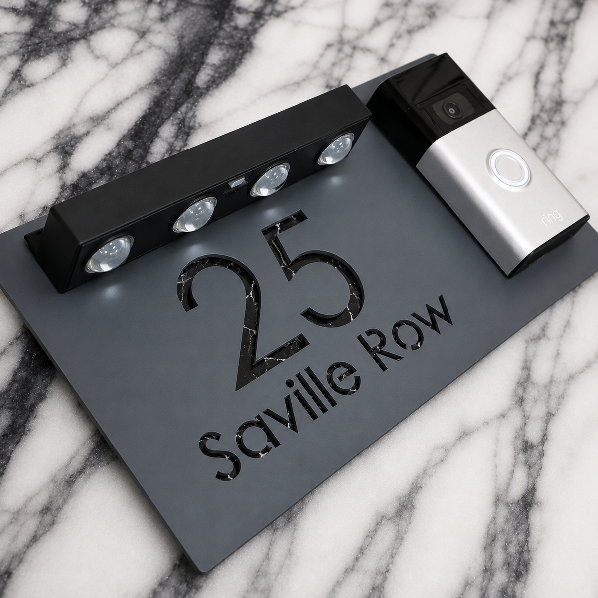 Westminster Video Doorbell House Sign, Grey plaque, Black Marble, doorbell right