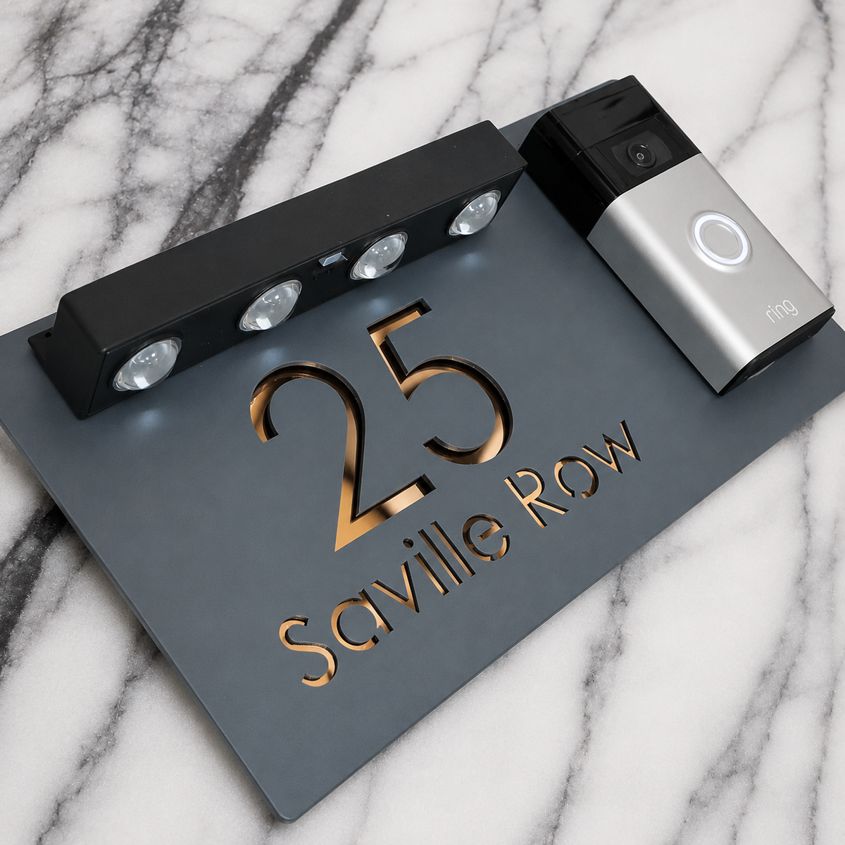 Westminster Video Doorbell House Sign, Grey plaque, Copper Mirror, doorbell right