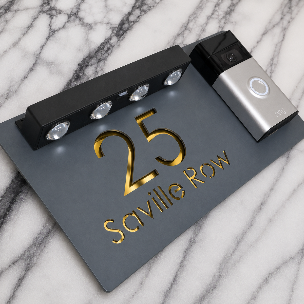 Westminster Video Doorbell House Sign, Grey plaque, Gold Mirror, doorbell right