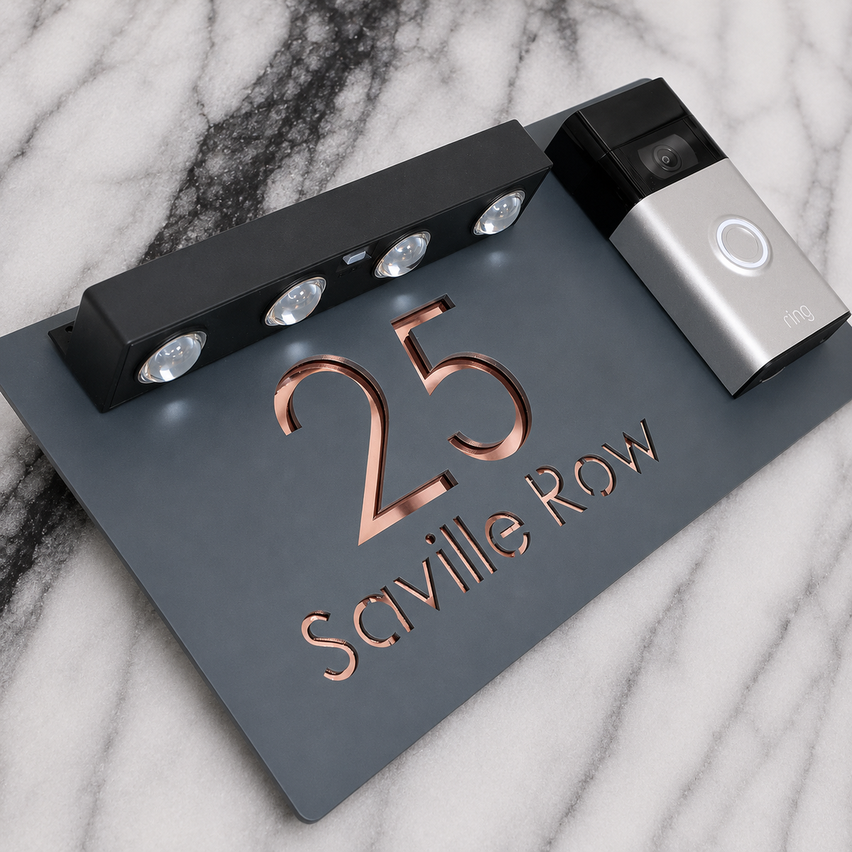 Westminster Video Doorbell House Sign, Grey plaque, Rose Gold Mirror, doorbell right