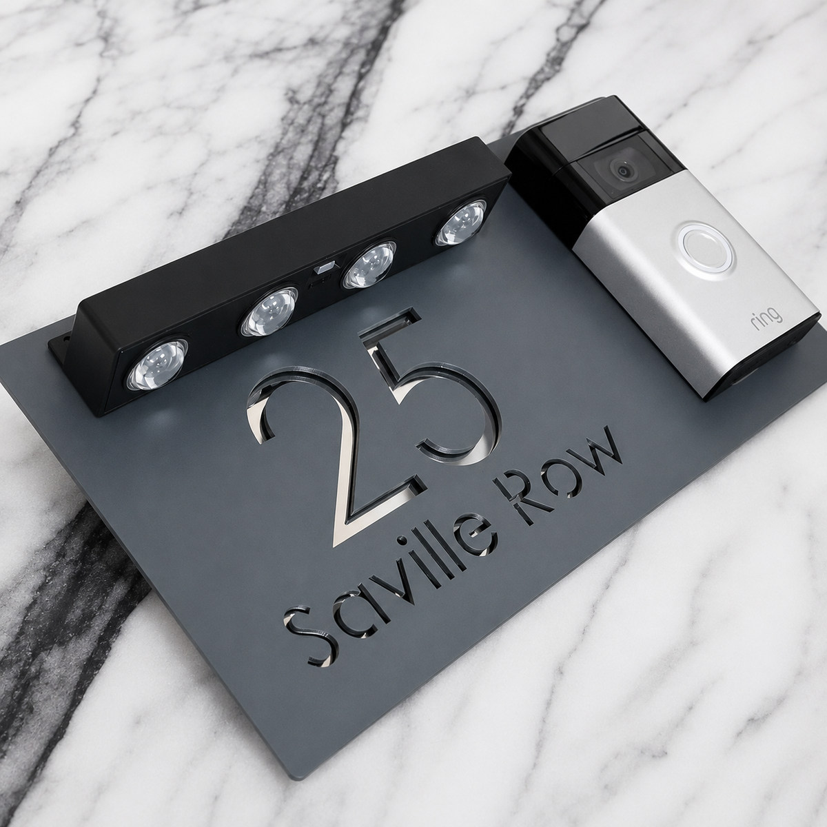 Westminster Video Doorbell House Sign, Grey plaque, Silver Mirror, doorbell right