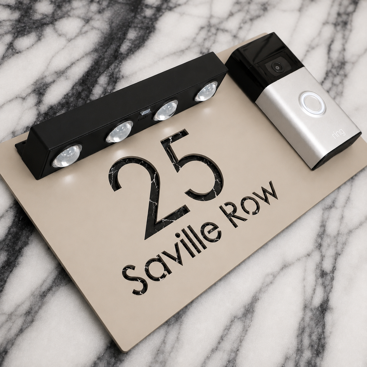 Westminster Video Doorbell House Sign, Cream plaque, Black Marble, doorbell right