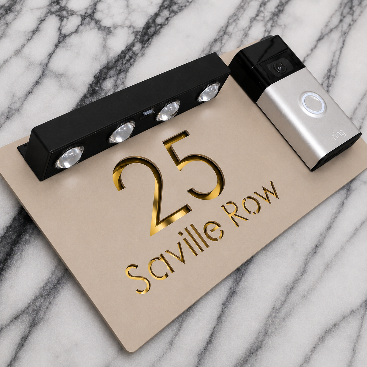 Westminster Video Doorbell House Sign, Cream plaque, Gold Mirror, doorbell right