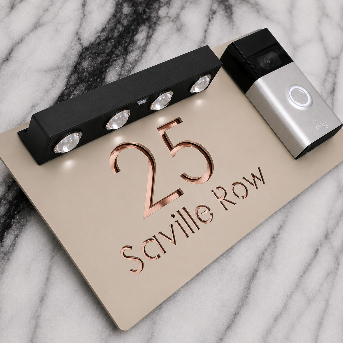 Westminster Video Doorbell House Sign, Cream plaque, Rose Gold Mirror, doorbell right