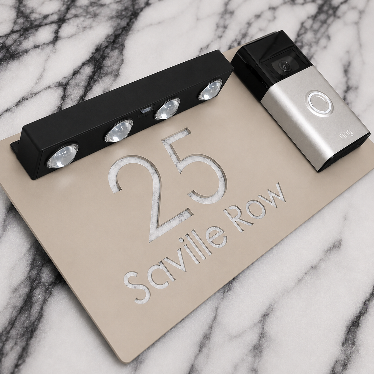 Westminster Video Doorbell House Sign, Cream plaque, White Marble, doorbell right