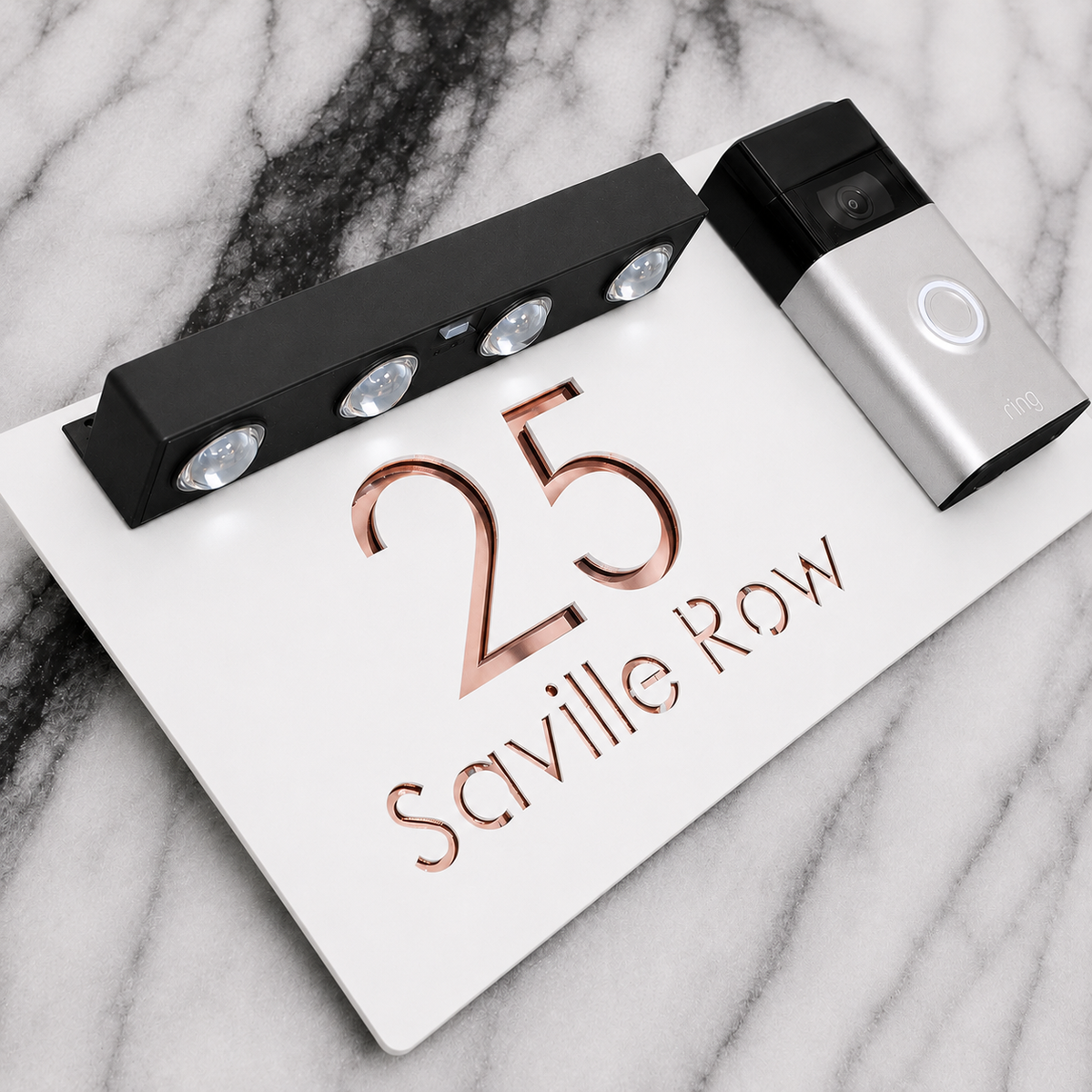 Westminster Video Doorbell House Sign, White plaque, Rose Gold Mirror, doorbell right