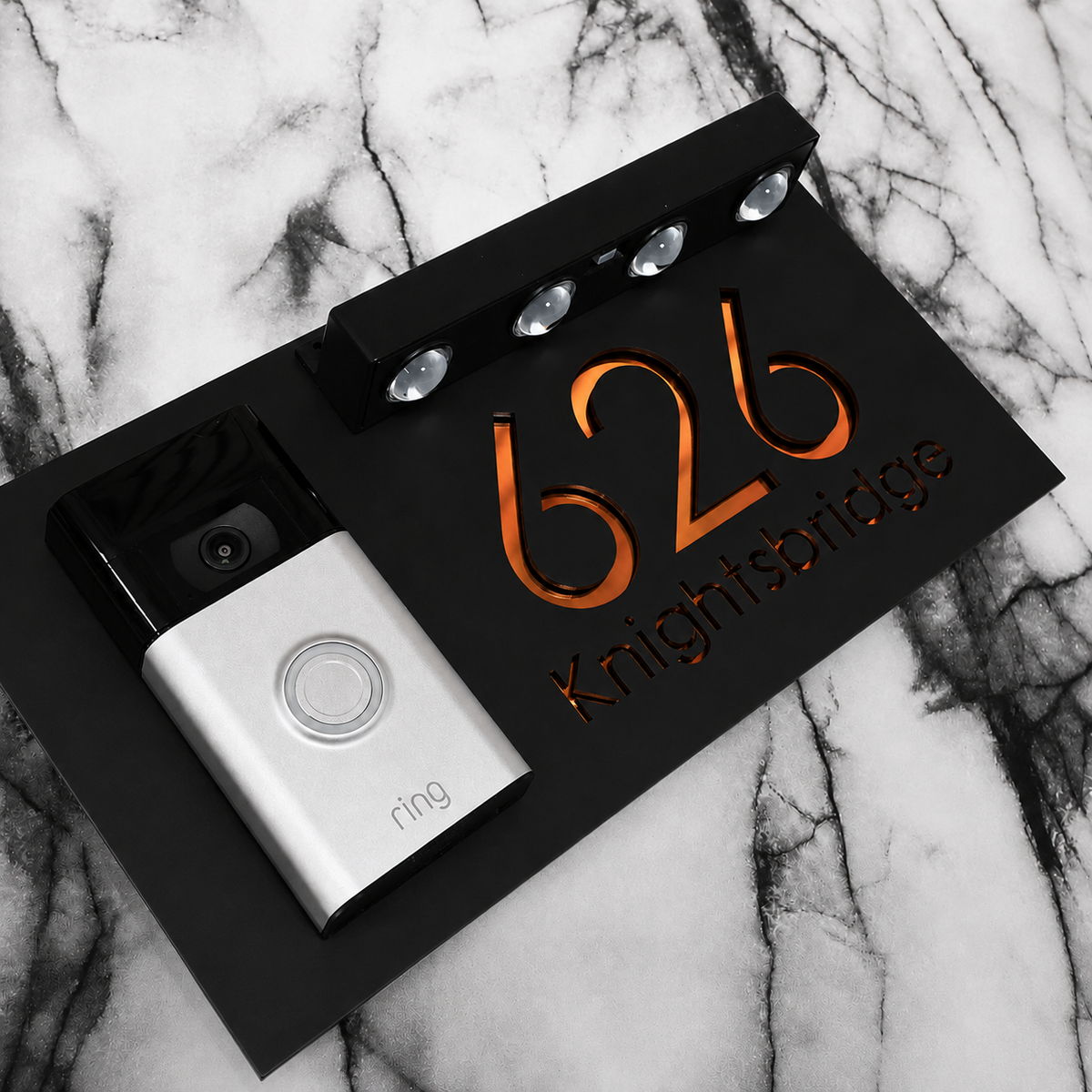 Westminster Video Doorbell House Sign, Black plaque, Copper Mirror, doorbell left