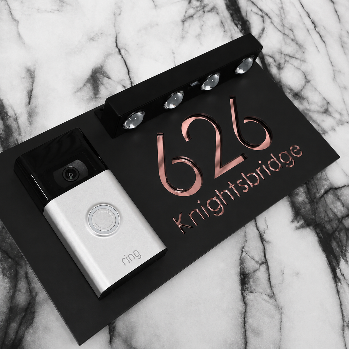 Westminster Video Doorbell House Sign, Black plaque, Rose Gold Mirror, doorbell left