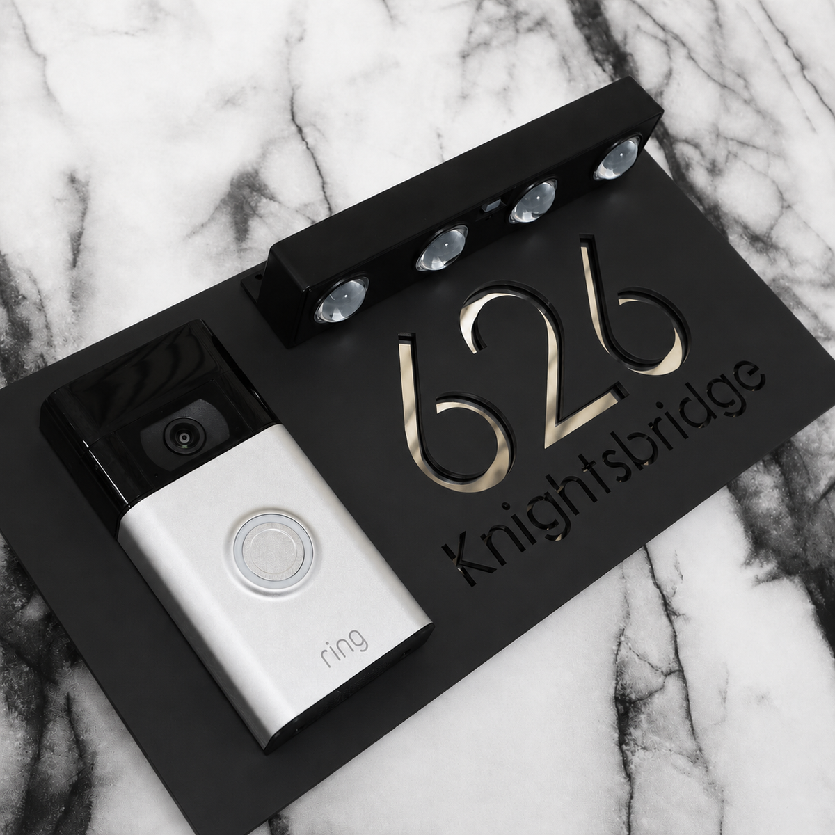 Westminster Video Doorbell House Sign, Black plaque, Silver Mirror, doorbell left