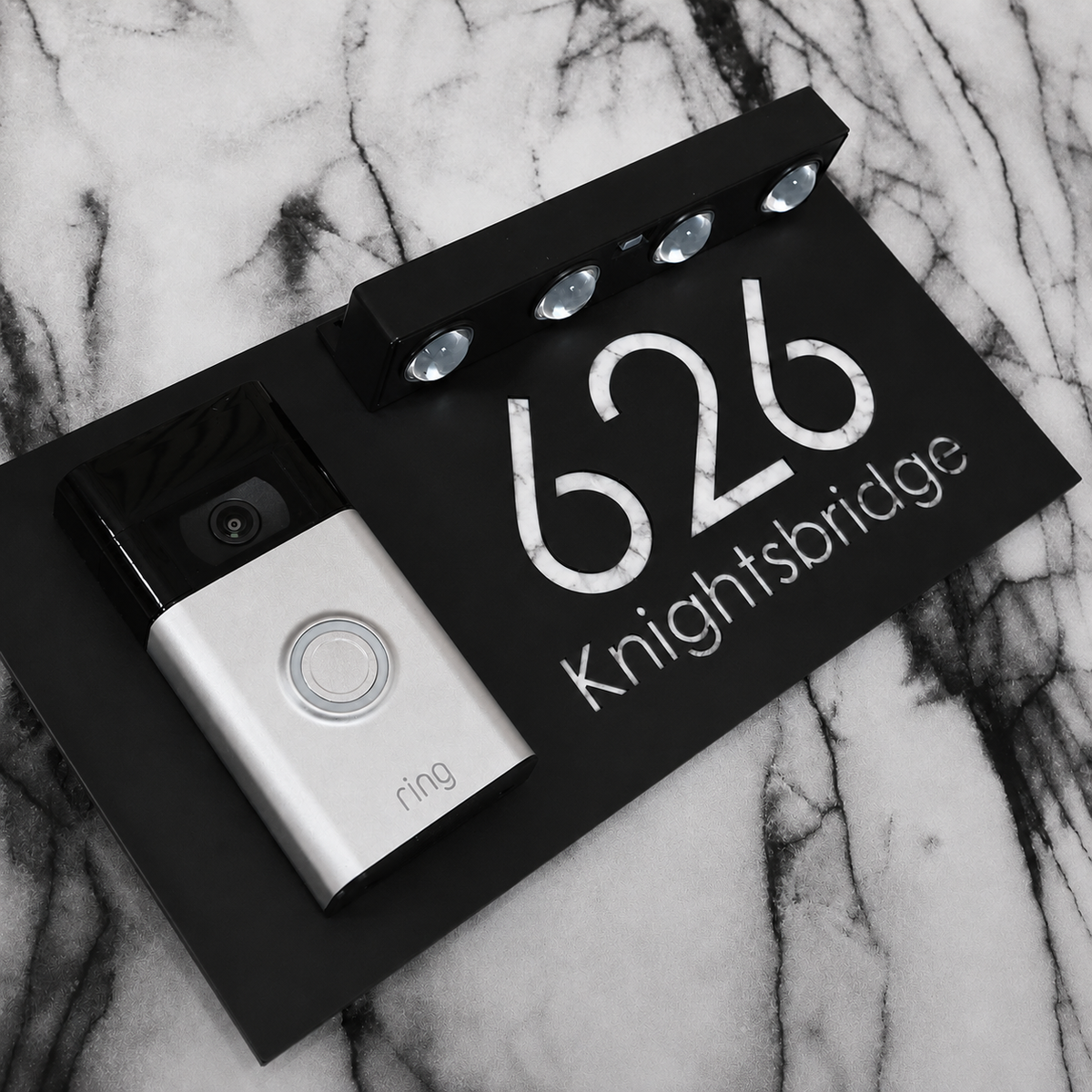 Westminster Video Doorbell House Sign, Black plaque, White Marble, doorbell left