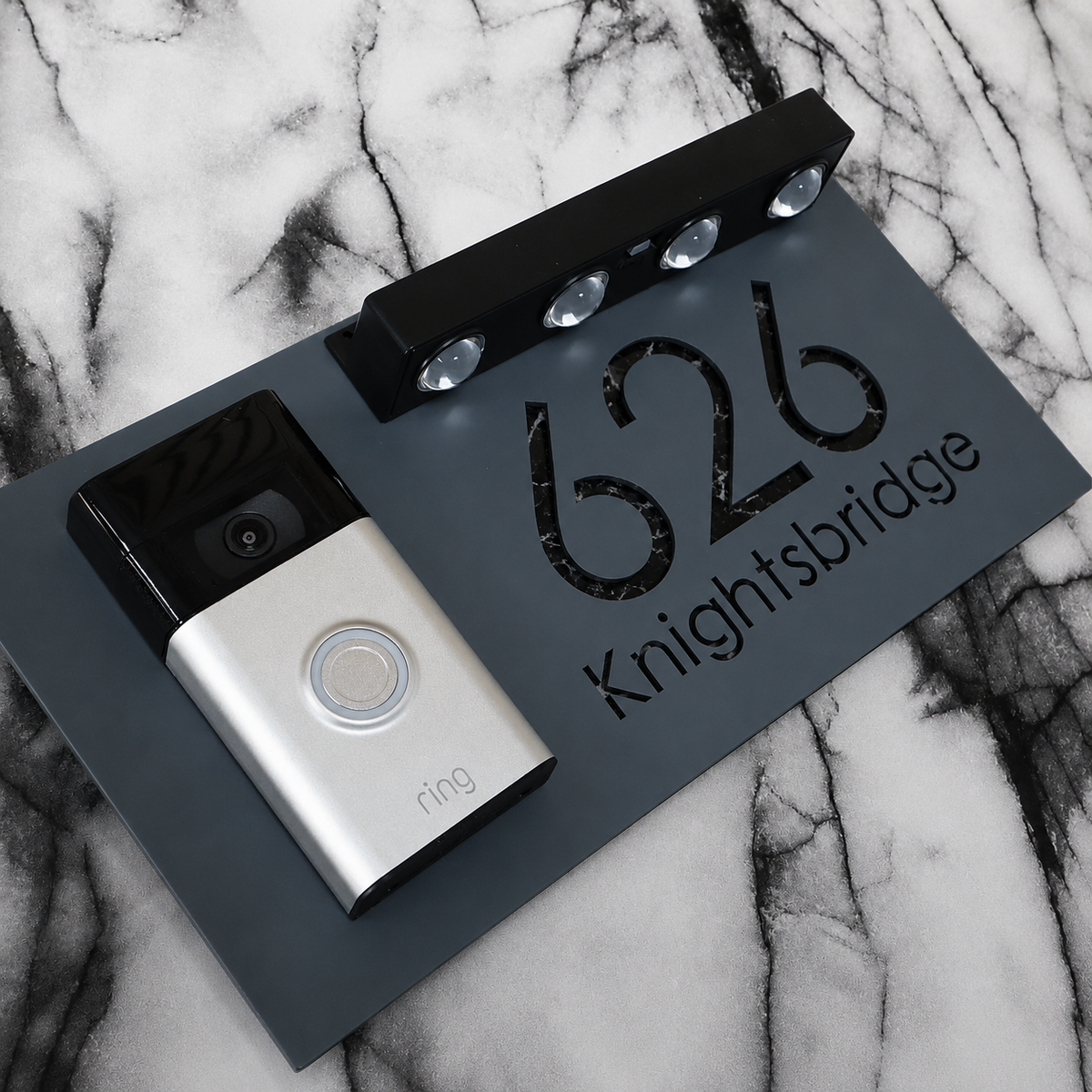 Westminster Video Doorbell House Sign, Grey plaque, Black Marble, doorbell left