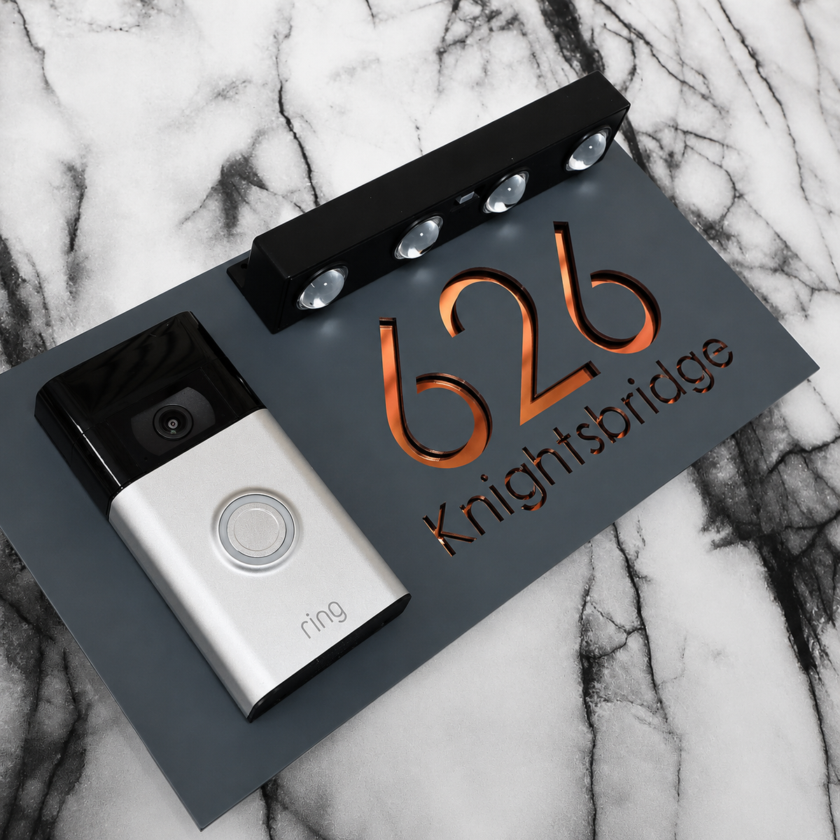 Westminster Video Doorbell House Sign, Grey plaque, Copper Mirror, doorbell left