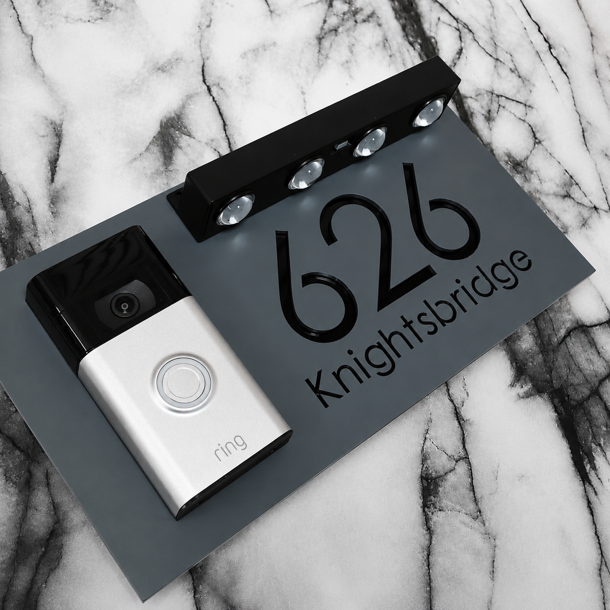 Westminster Video Doorbell House Sign, Grey plaque, Gloss Black, doorbell left