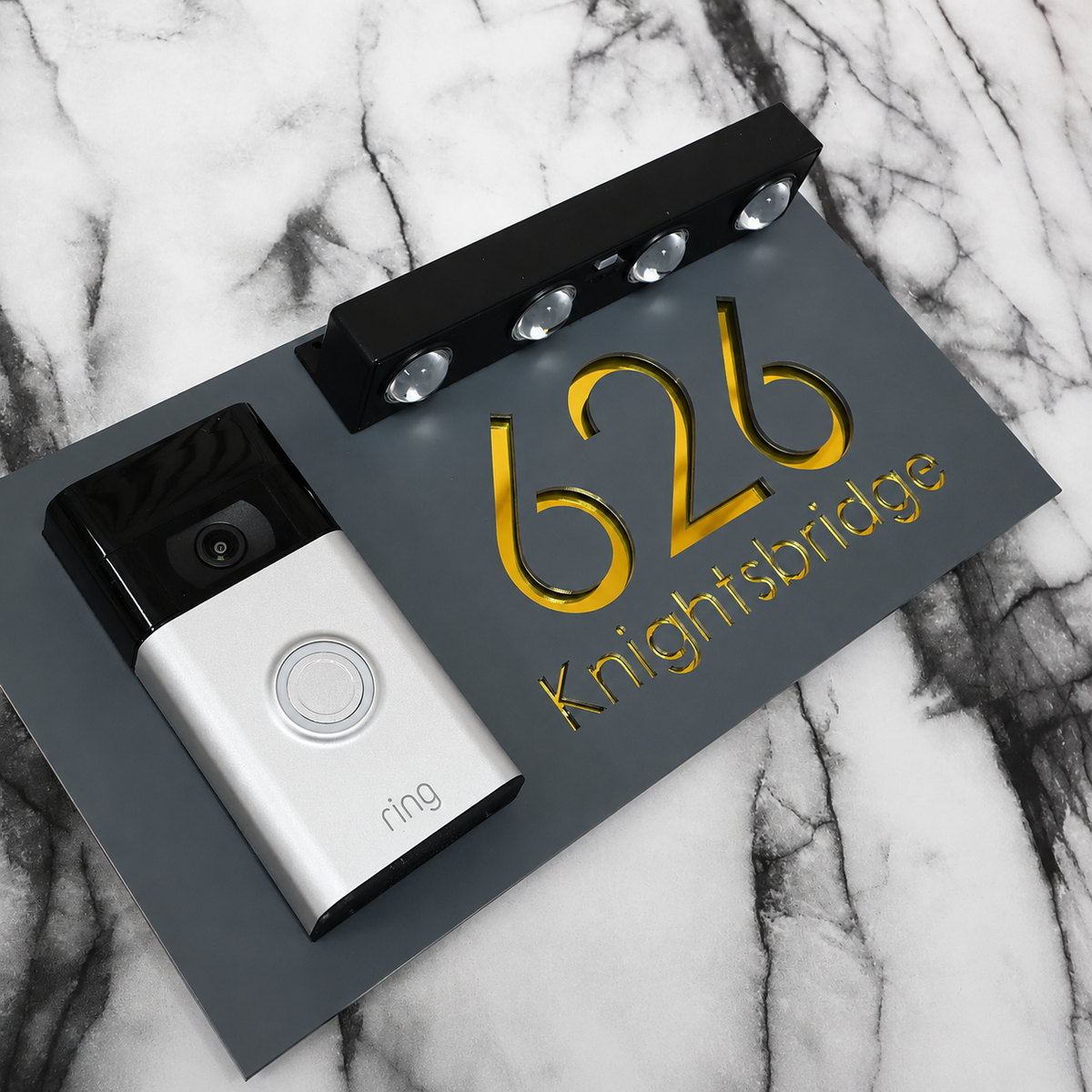 Westminster Video Doorbell House Sign, Grey plaque, Gold Mirror, doorbell left