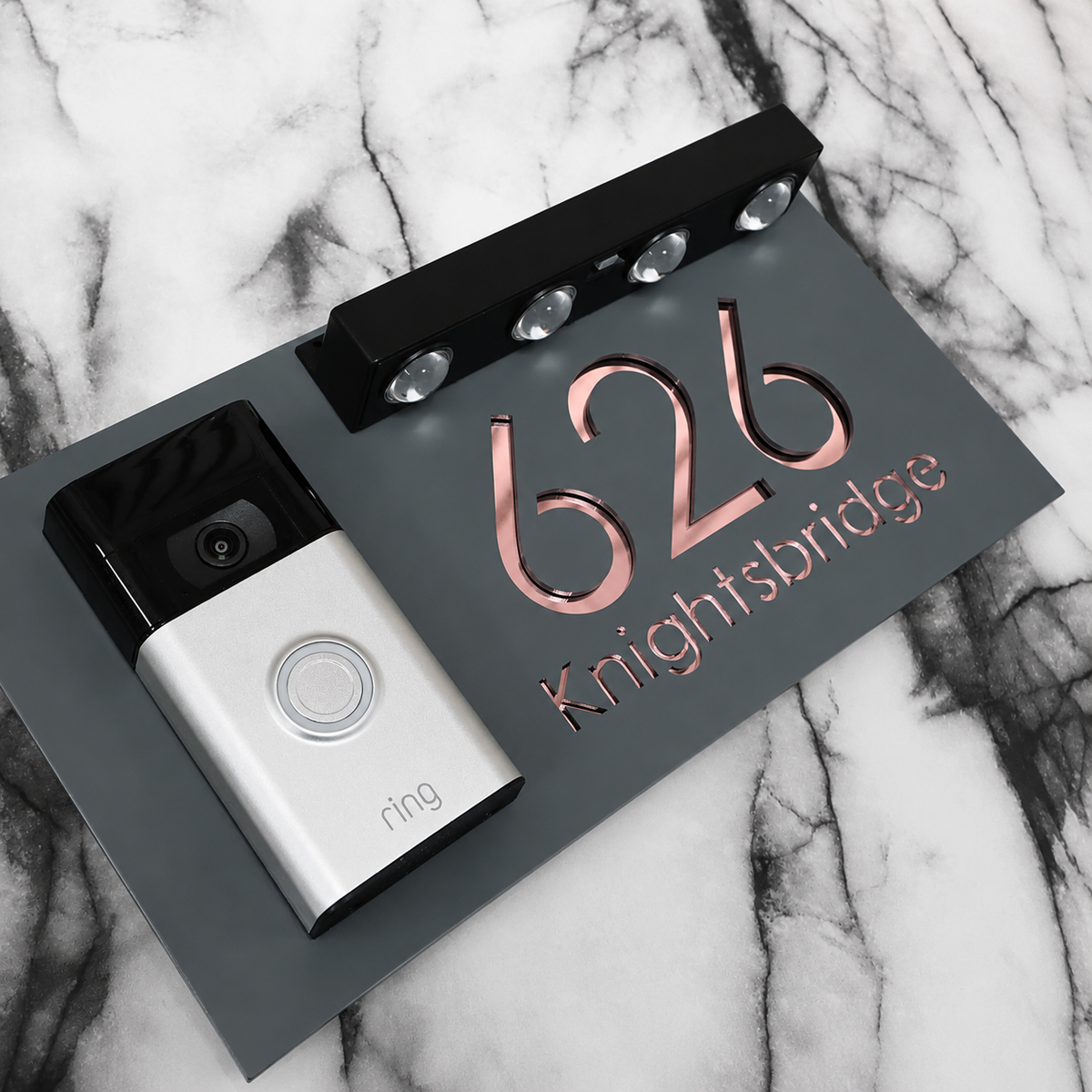 Westminster Video Doorbell House Sign, Grey plaque, Rose Gold Mirror, doorbell left