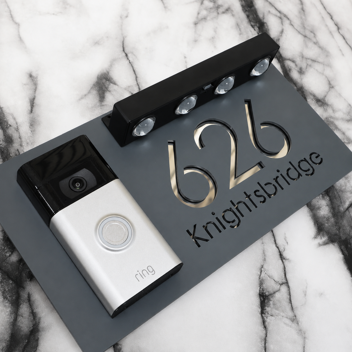Westminster Video Doorbell House Sign, Grey plaque, Silver Mirror, doorbell left