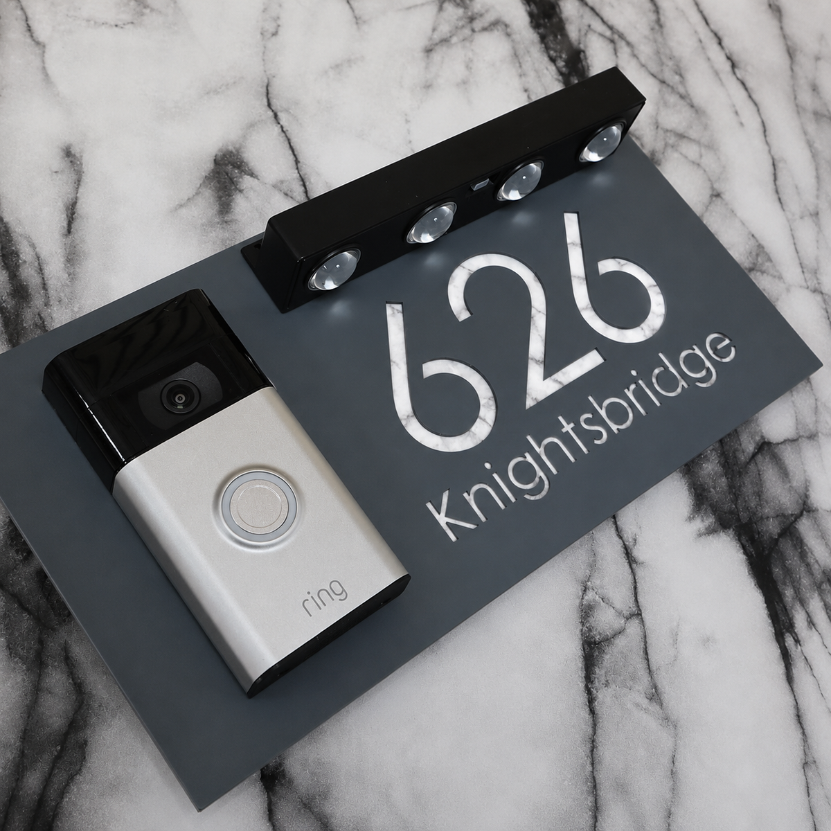 Westminster Video Doorbell House Sign, Grey plaque, White Marble, doorbell left