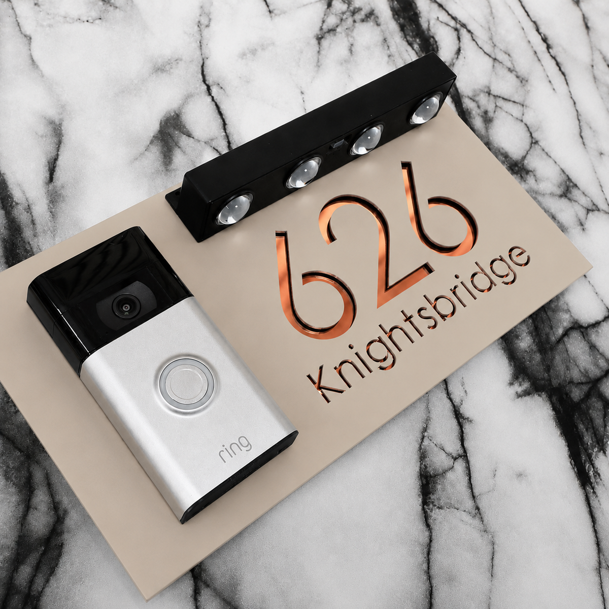 Westminster Video Doorbell House Sign, Cream plaque, Copper Mirror, doorbell left