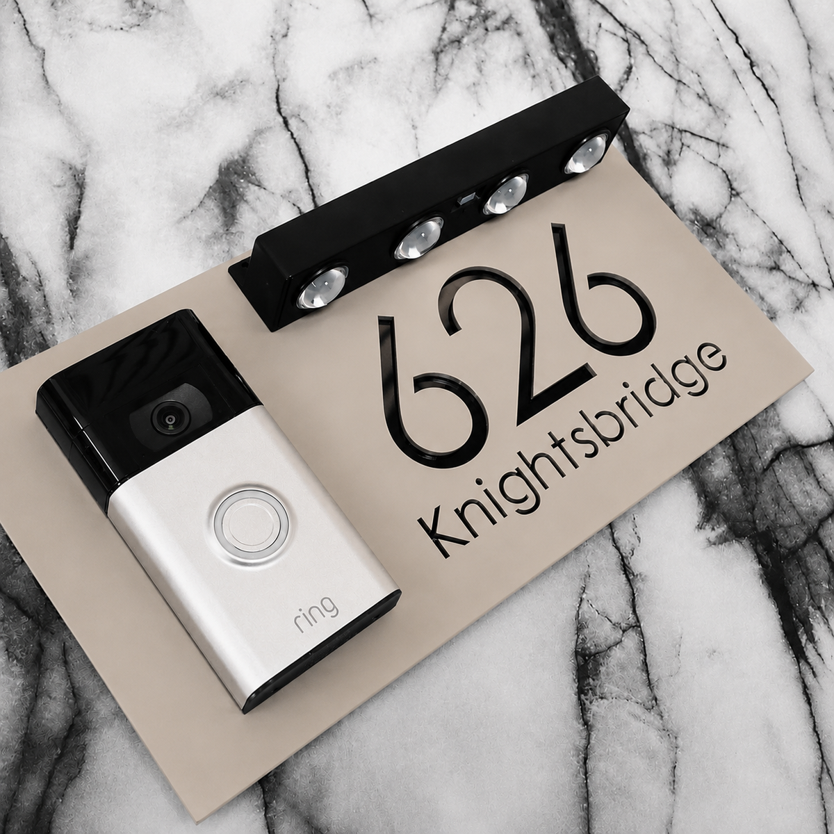 Westminster Video Doorbell House Sign, Cream plaque, Gloss Black, doorbell left