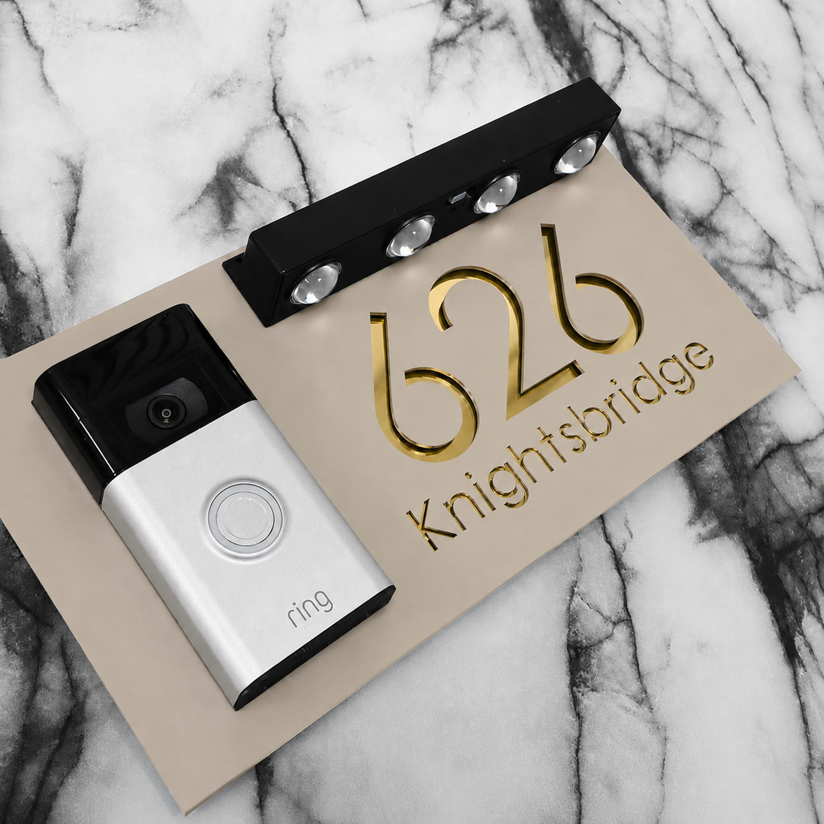 Westminster Video Doorbell House Sign, Cream plaque, Gold Mirror, doorbell left