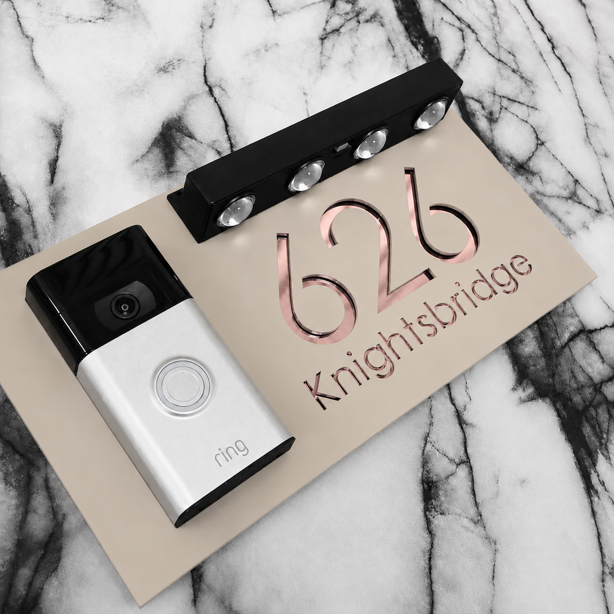 Westminster Video Doorbell House Sign, Cream plaque, Rose Gold Mirror, doorbell left