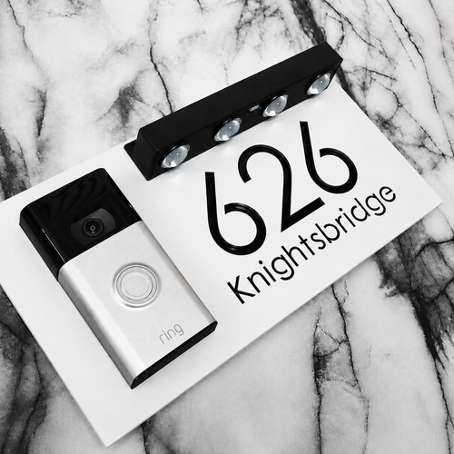 Westminster Video Doorbell House Sign, White plaque, Gloss Black, doorbell left
