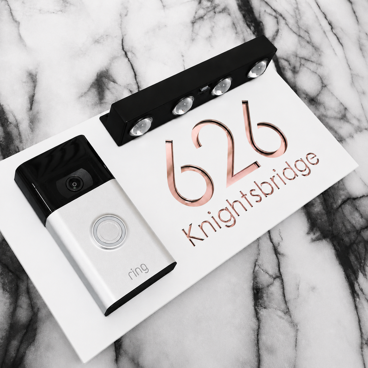 Westminster Video Doorbell House Sign, White plaque, Rose Gold Mirror, doorbell left