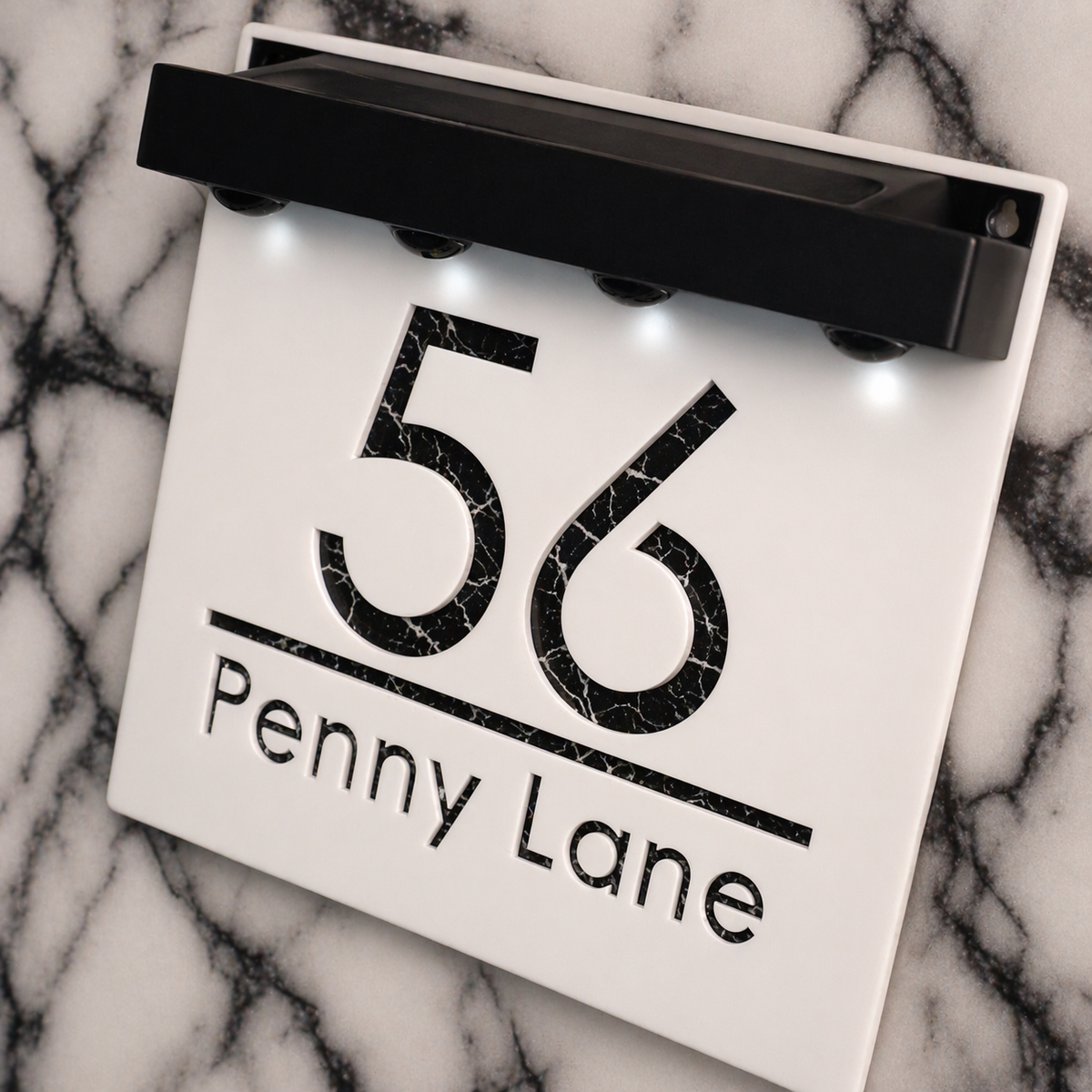 Marylebone Square Solar House Sign, White plaque, Black Marble